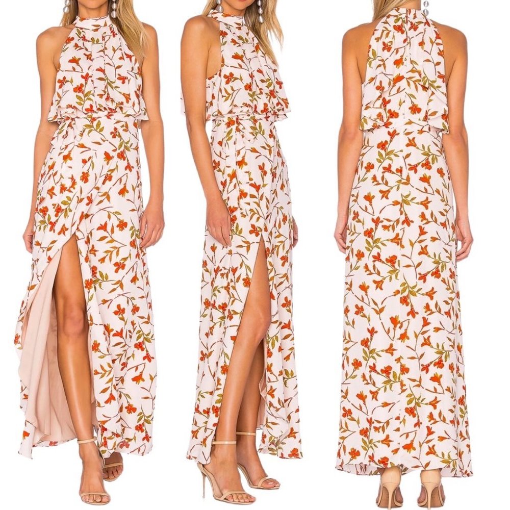 Lovers + Friends Golden Ray Sleeveless Ruffle Slit Maxi Dress in Palm Print Sz L